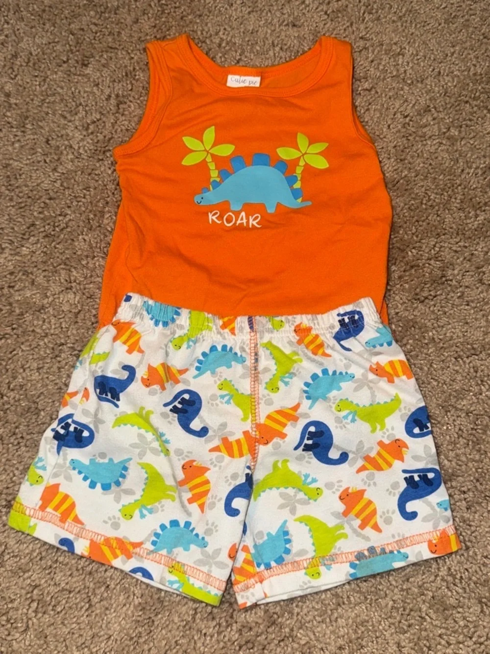Orange and multicolored dinosaur print kids tank top and shorts set